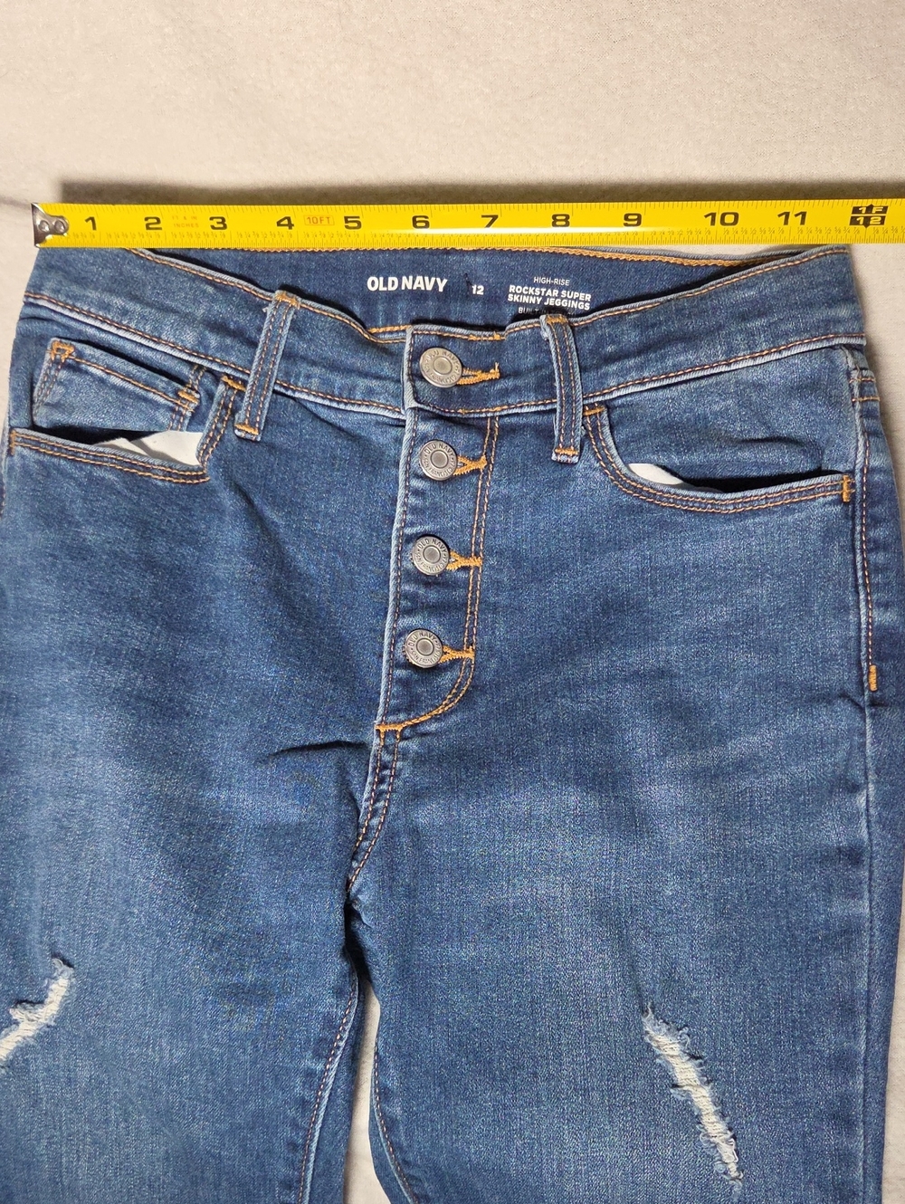 Old Navy High Rise Rockstar Super Skinny Jeggings 12 Button Fly Distressed Split